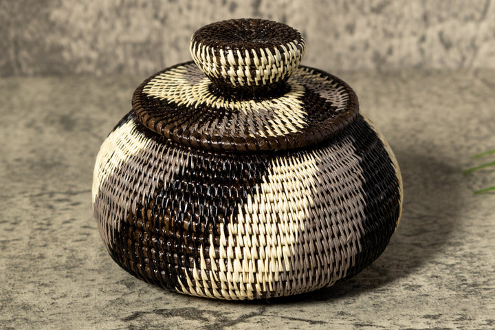 Black White And Gray Woven Basket With Top