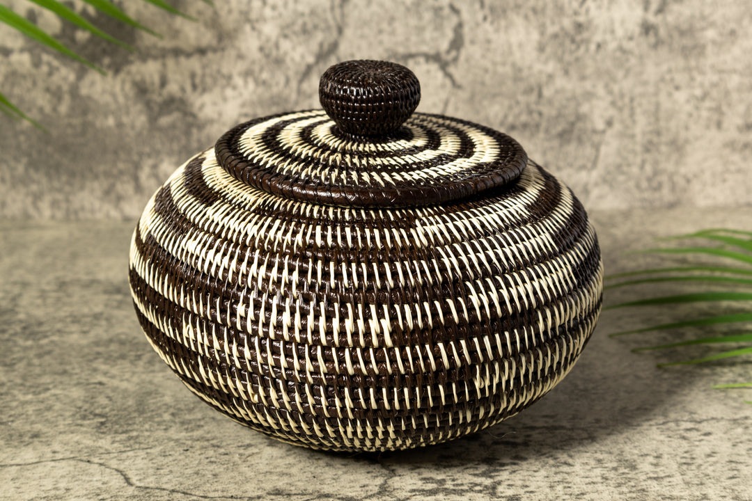 Black And White Tropical Enigma Woven Basket With Top