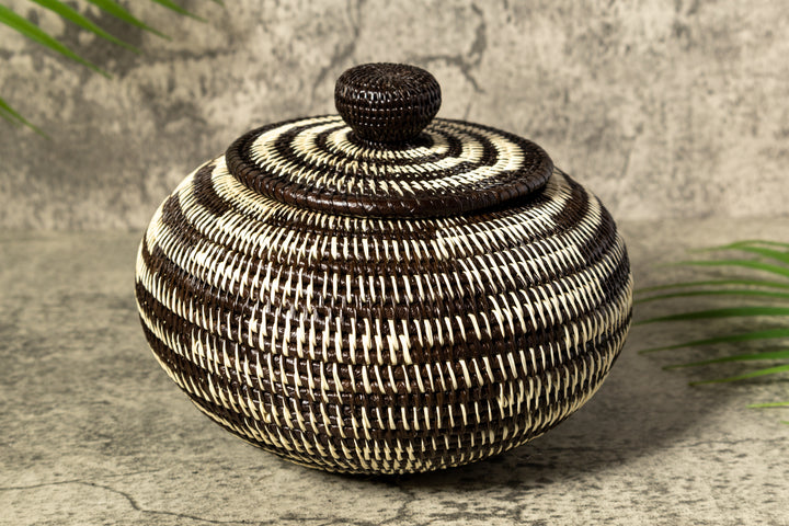 Black And White Tropical Enigma Woven Basket With Top