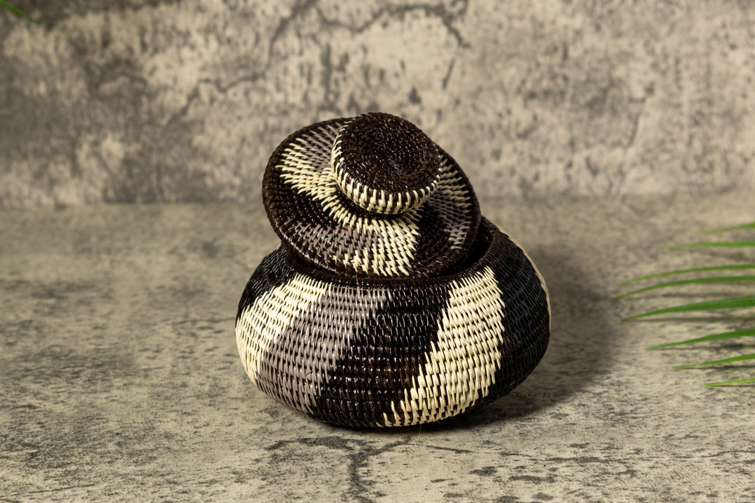 Black White And Gray Woven Basket With Top