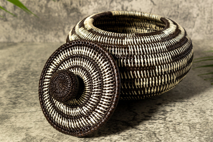 Black And White Tropical Enigma Woven Basket With Top