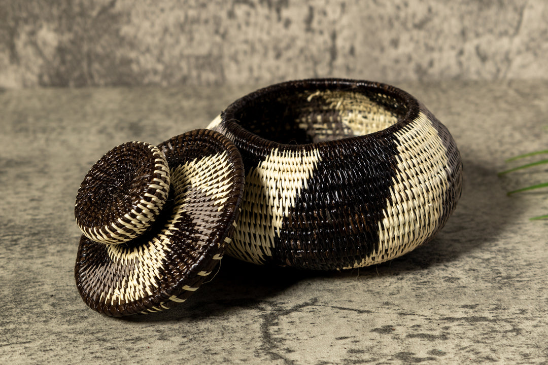 Black White And Gray Woven Basket With Top