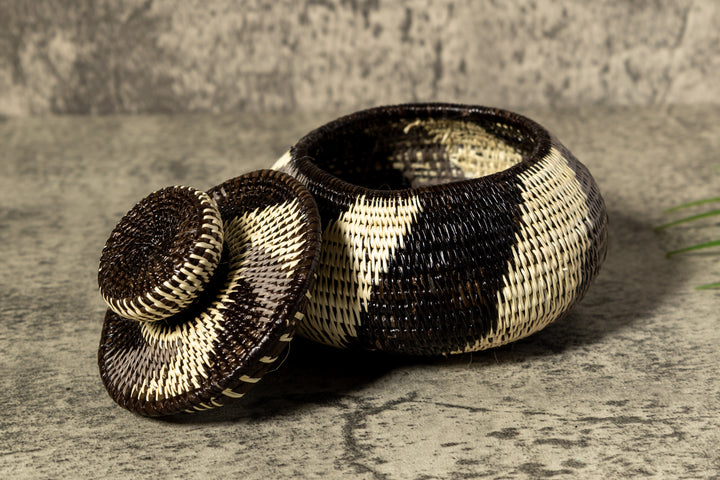 Black White And Gray Woven Basket With Top