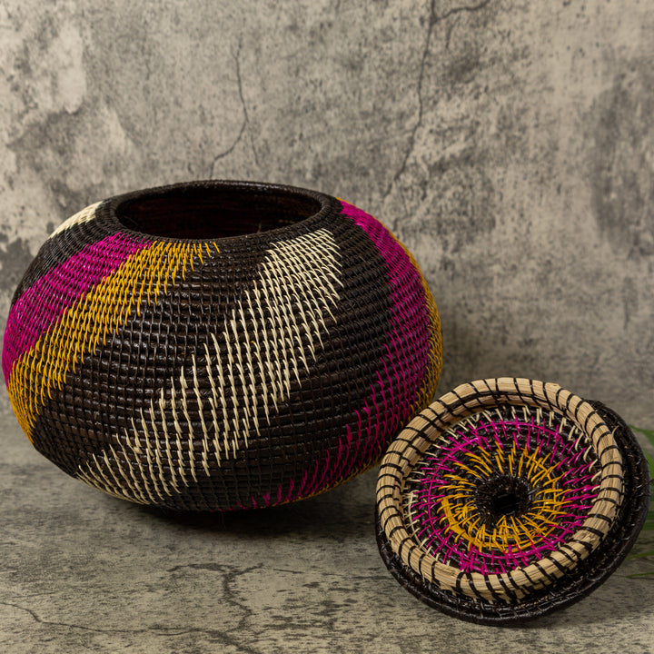 Black White Gold And Purple Spiral Rainforest Basket With Top