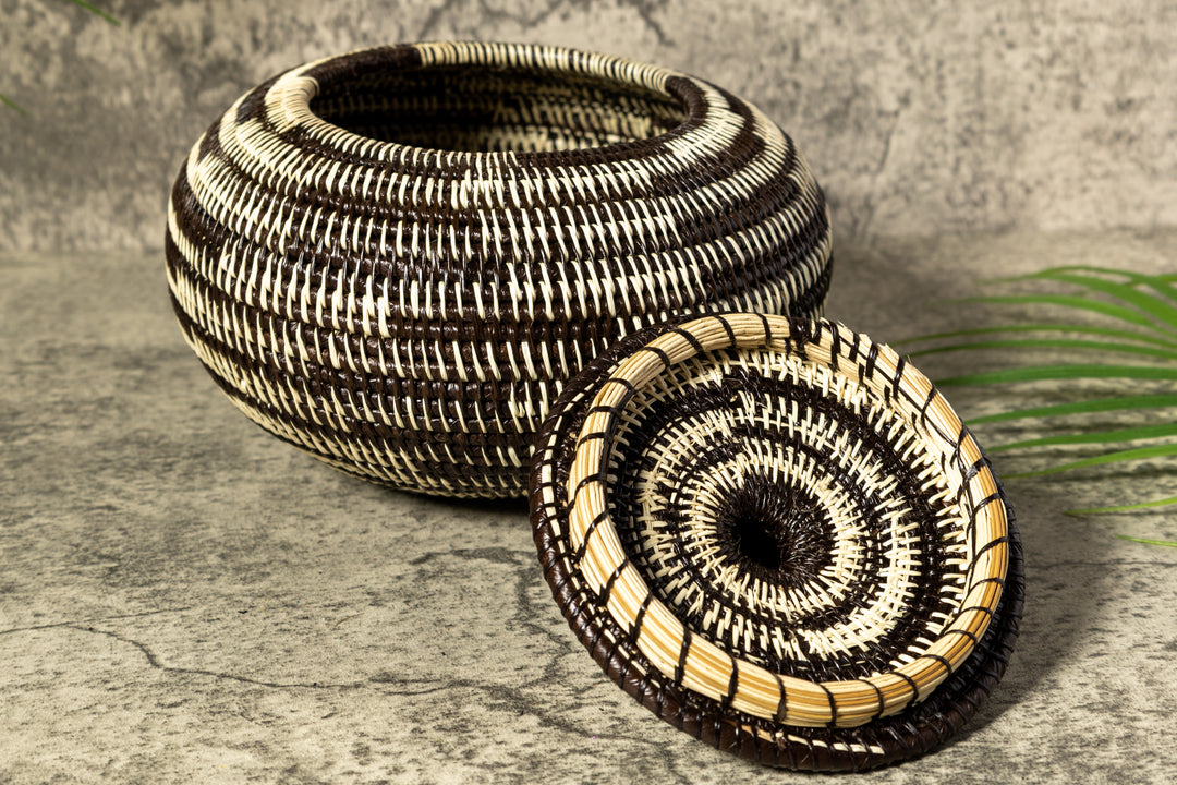Black And White Tropical Enigma Woven Basket With Top