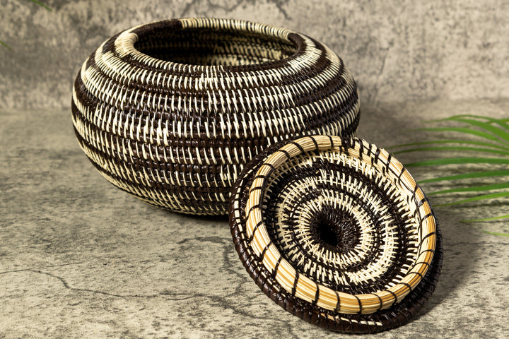 Black And White Tropical Enigma Woven Basket With Top