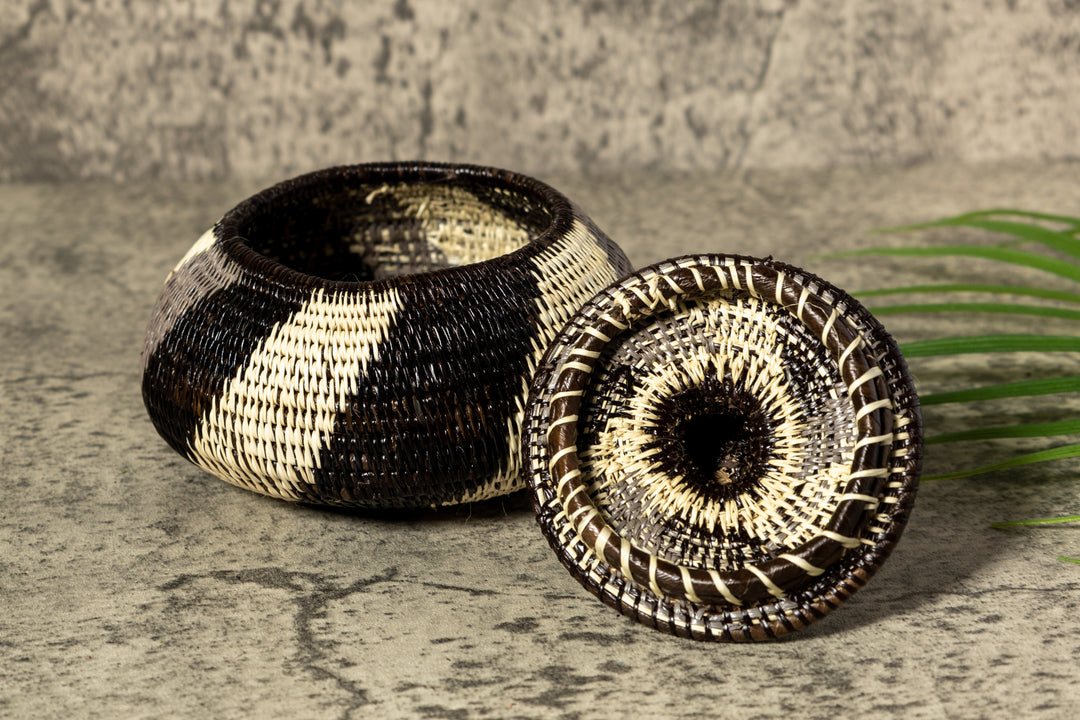 Black White And Gray Woven Basket With Top