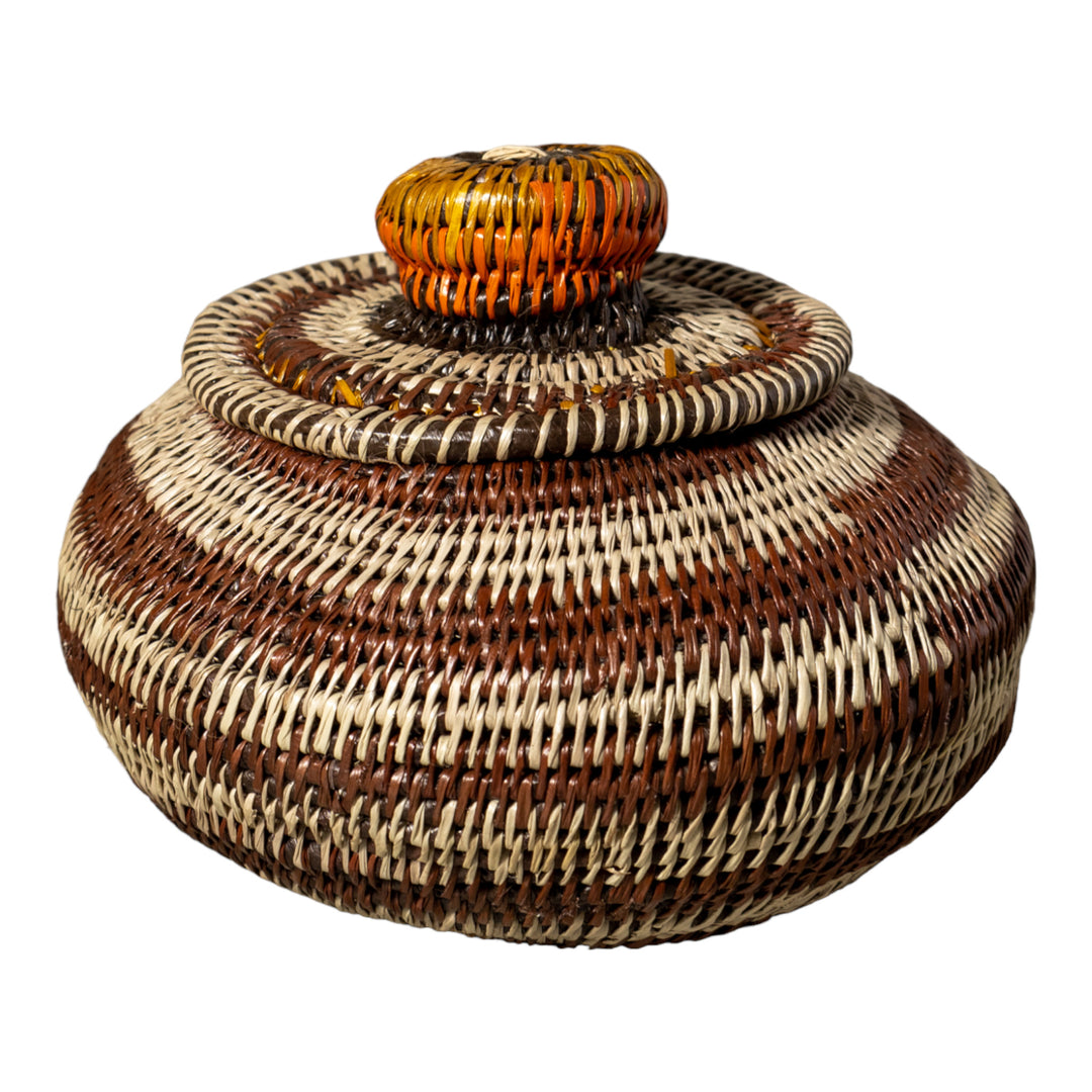 Brown And Gray Rings Woven Basket With Top