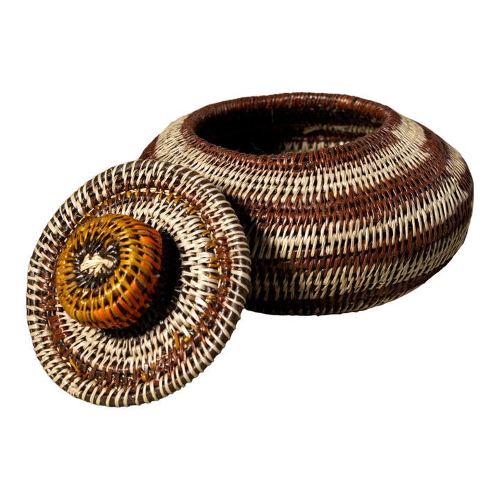 Brown And Gray Rings Woven Basket With Top