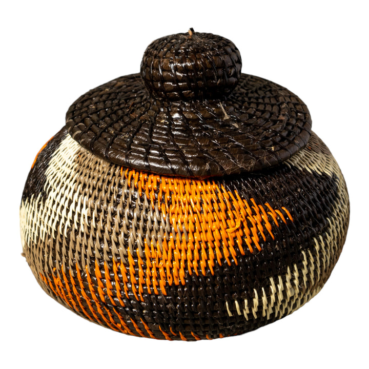 Orange Black Gray Swirl Woven Basket With Top