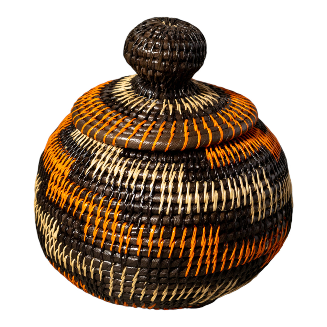 Orange Brown And Gray Woven Basket With Top