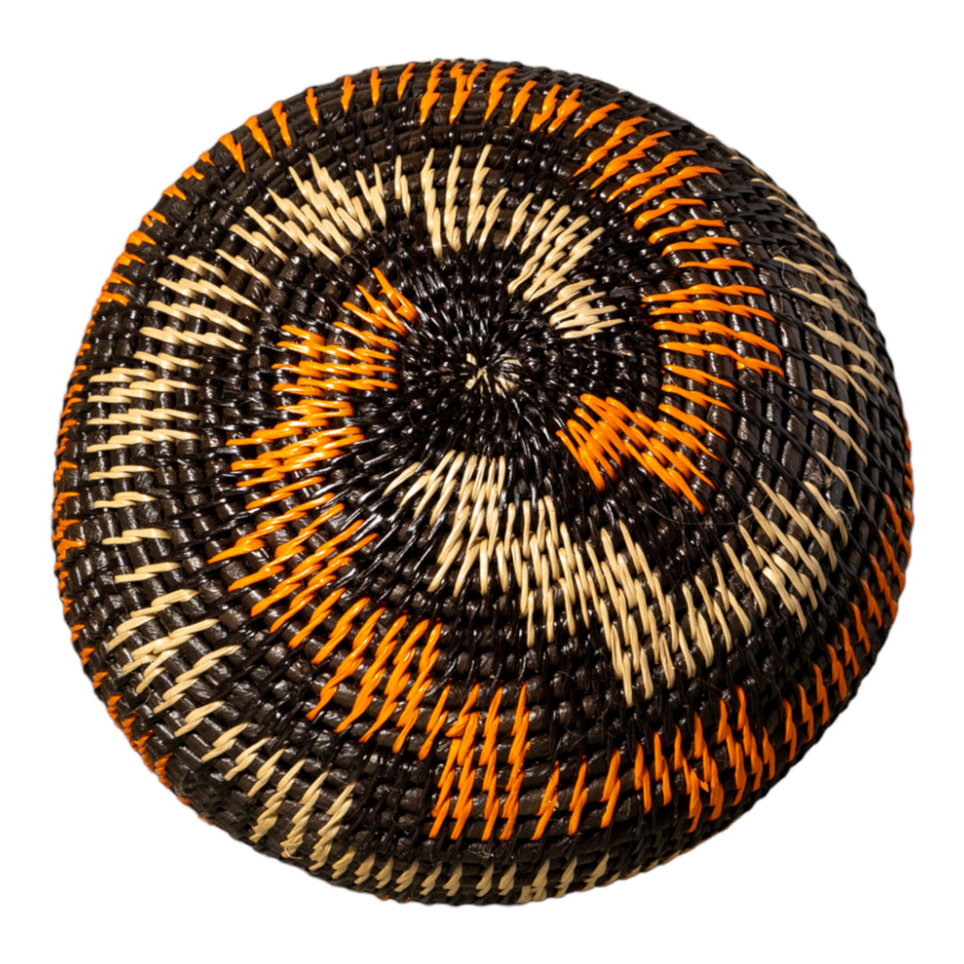 Orange Brown And Gray Woven Basket With Top