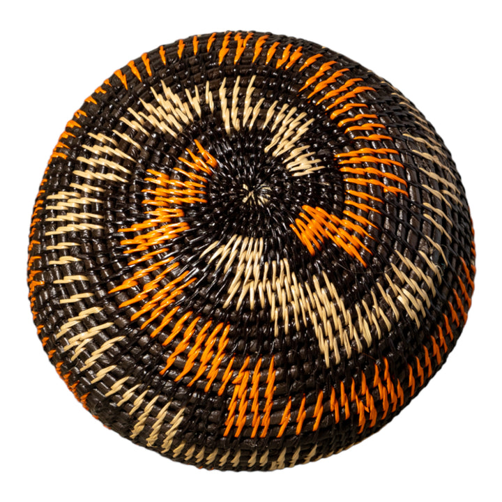Orange Brown And Gray Woven Basket With Top