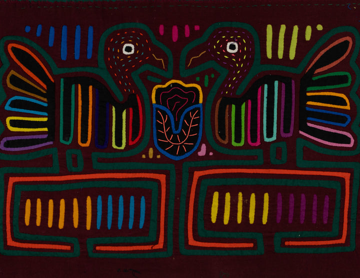 Traditional Burgundy And Green Bird Conversation Mola