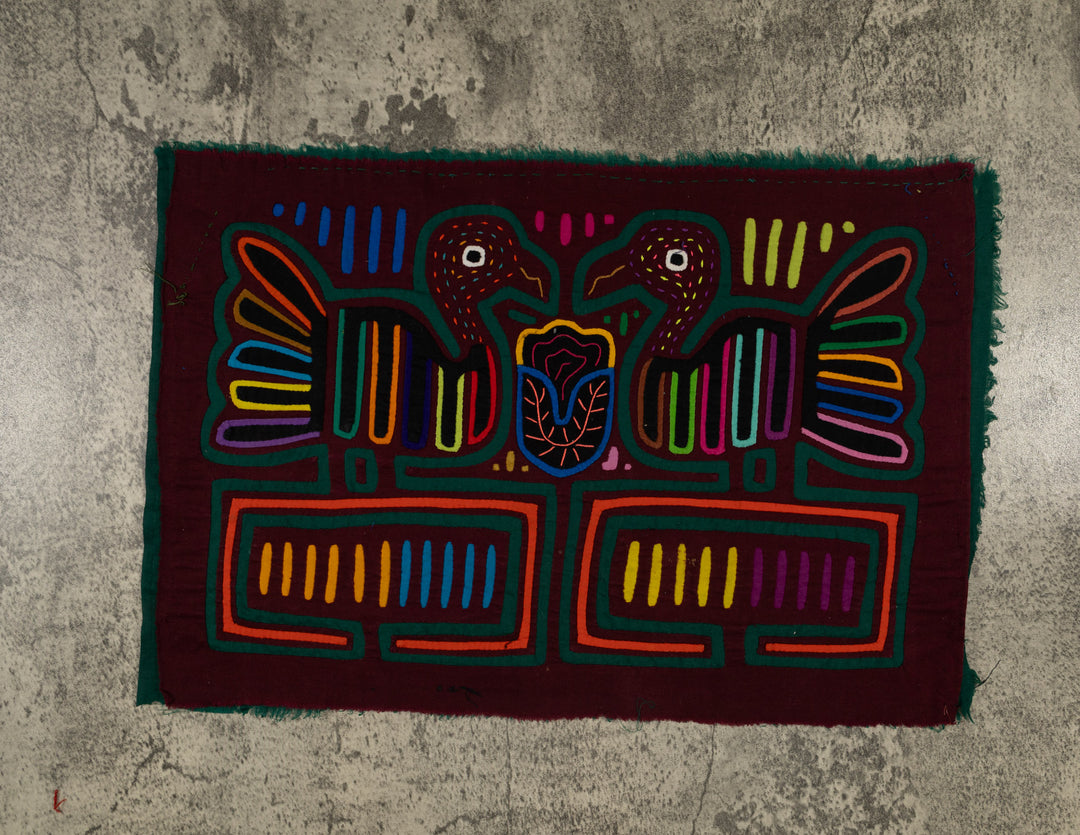 Traditional Burgundy And Green Bird Conversation Mola