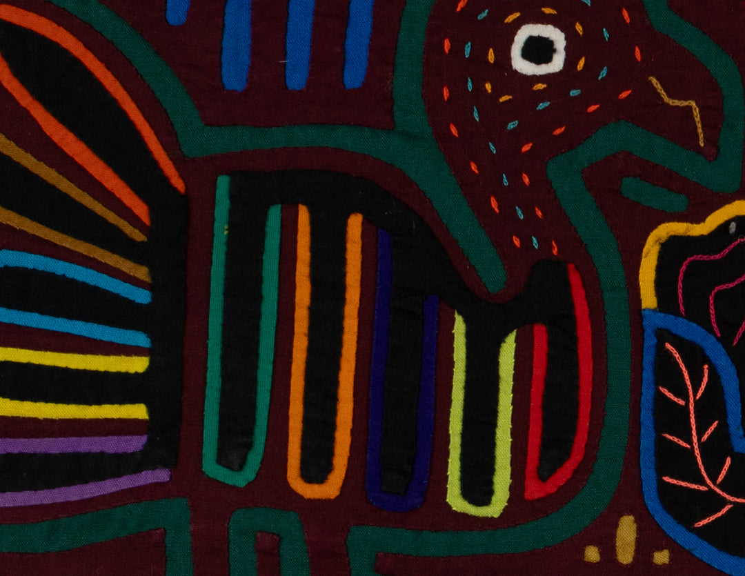 Traditional Burgundy And Green Bird Conversation Mola