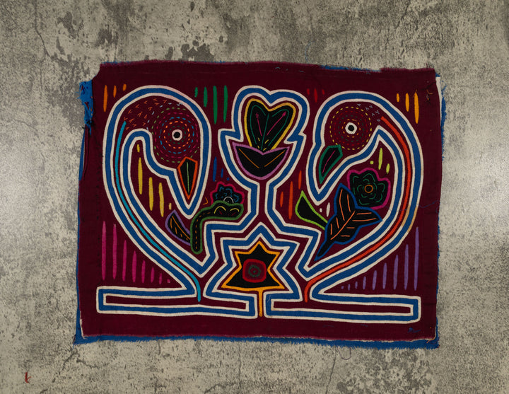 Traditional Burgundy Blue And White Coy Swan Mola