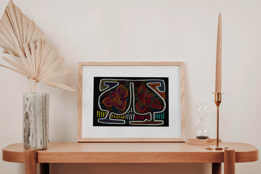 Traditional Black White And Orange Floral Flower Mola