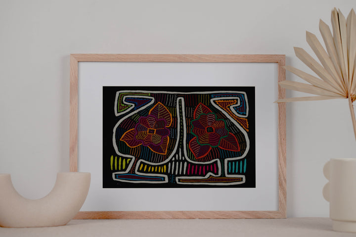 Traditional Black White And Orange Floral Flower Mola
