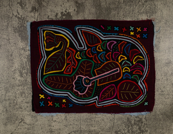 Panama mola panel, corner blocks of small colored crosses, hand stitched reverse applique