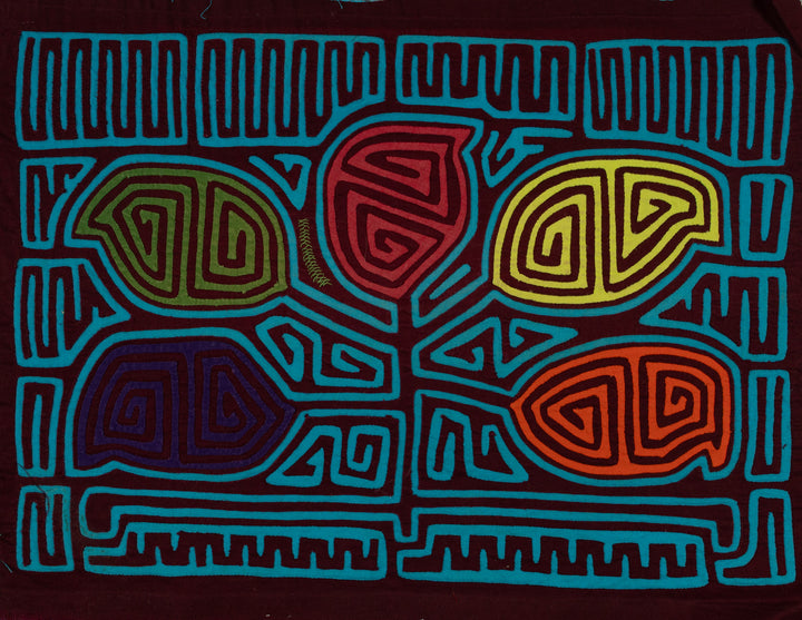 Traditional Burgundy And Turquoise Leaf Mola