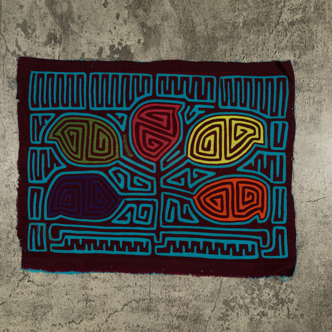 Traditional Burgundy And Turquoise Leaf Mola