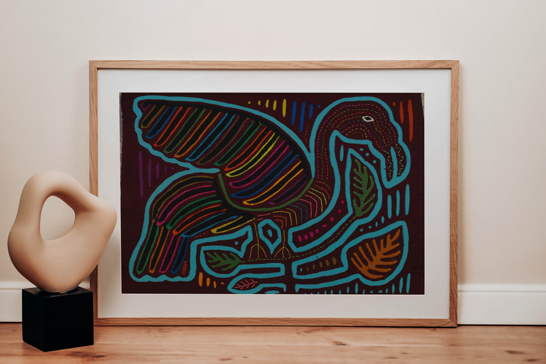 Traditional Maroon And Turquoise Swan Bird In Flight Mola