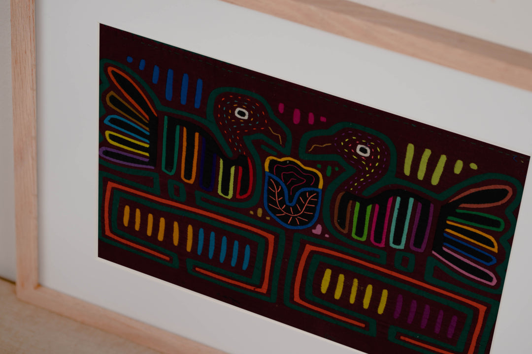 Traditional Burgundy And Green Bird Conversation Mola