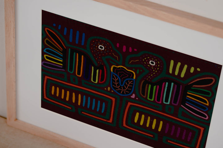 Traditional Burgundy And Green Bird Conversation Mola
