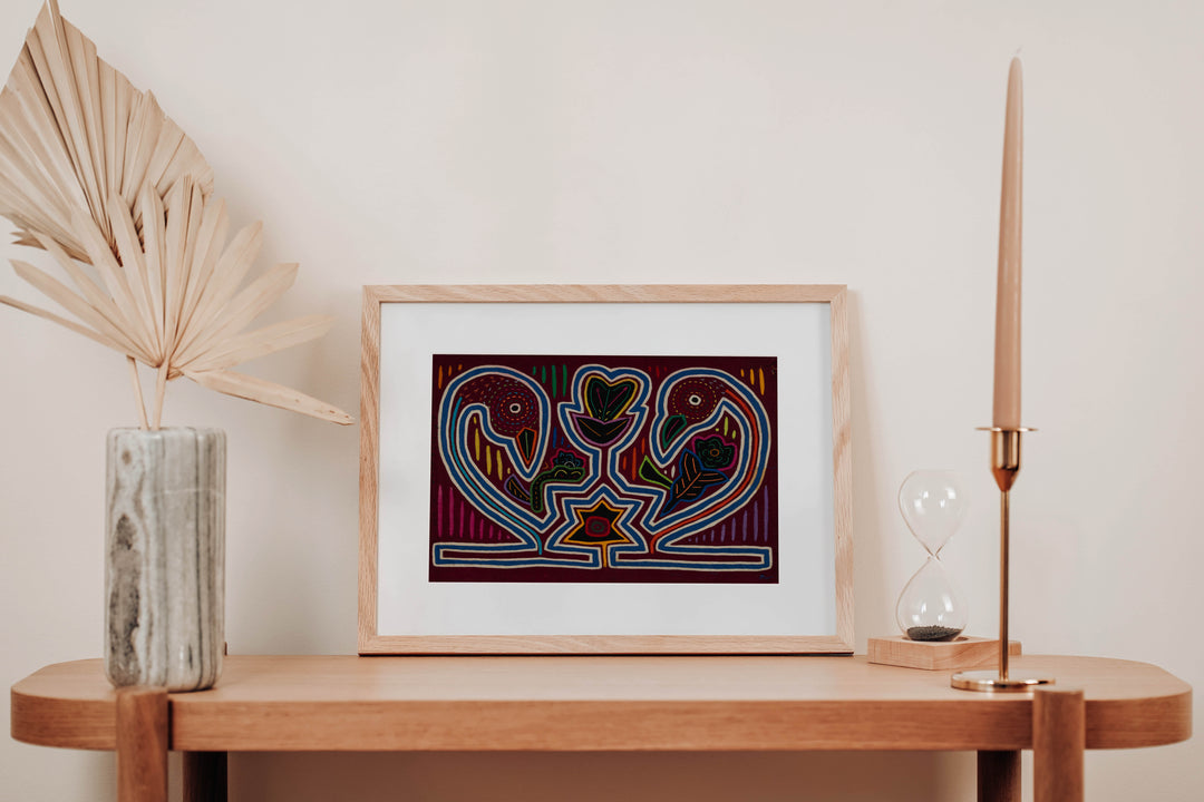 Traditional Burgundy Blue And White Coy Swan Mola