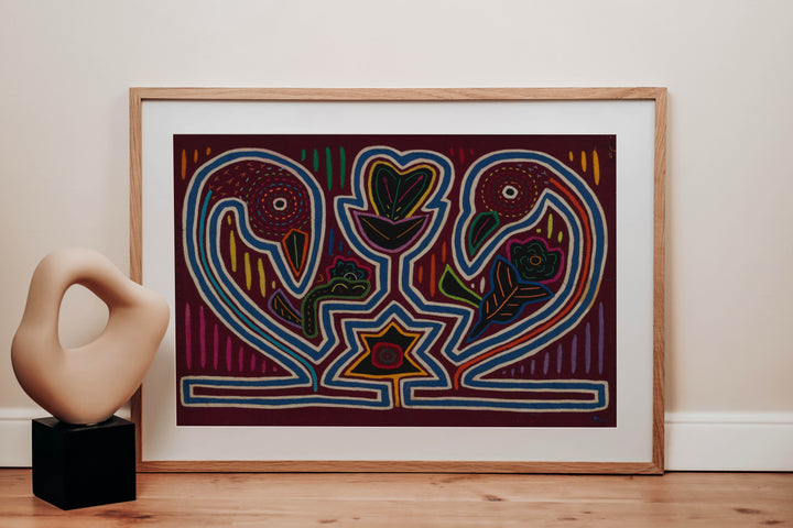 Traditional Burgundy Blue And White Coy Swan Mola