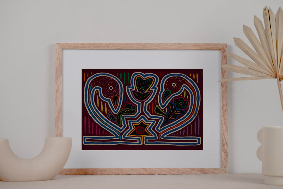 Traditional Burgundy Blue And White Coy Swan Mola