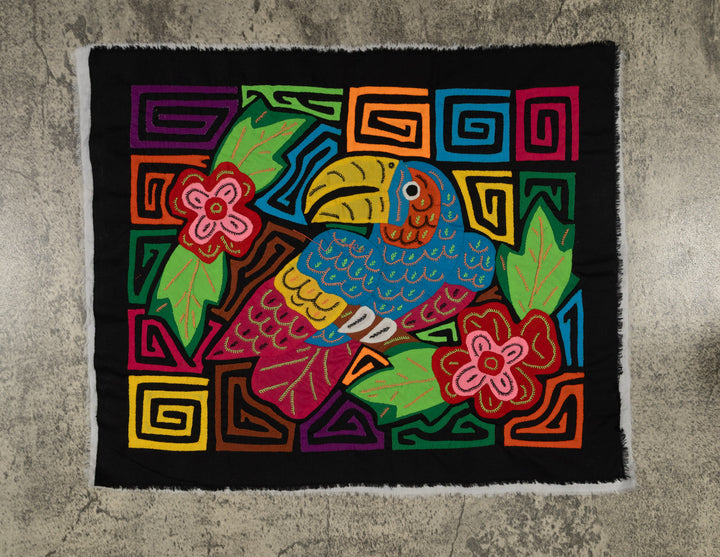 Blue Toucan Perched Among Jungle Flowers Mola