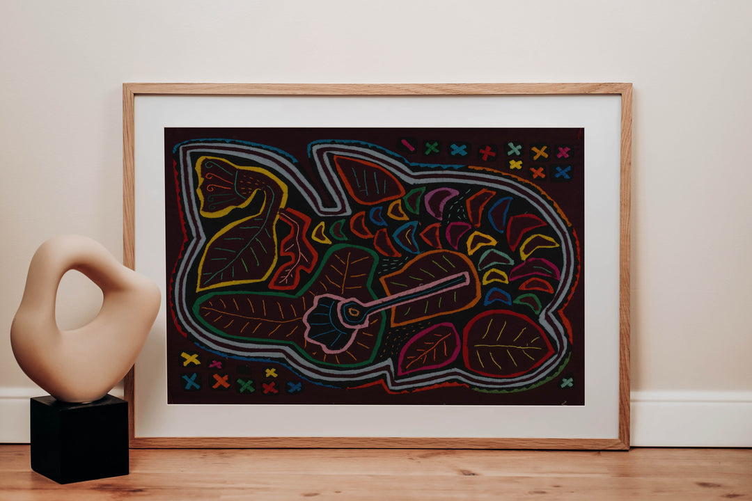 Panama mola panel, corner blocks of small colored crosses, hand stitched reverse applique