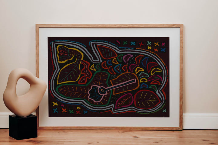 Panama mola panel, corner blocks of small colored crosses, hand stitched reverse applique