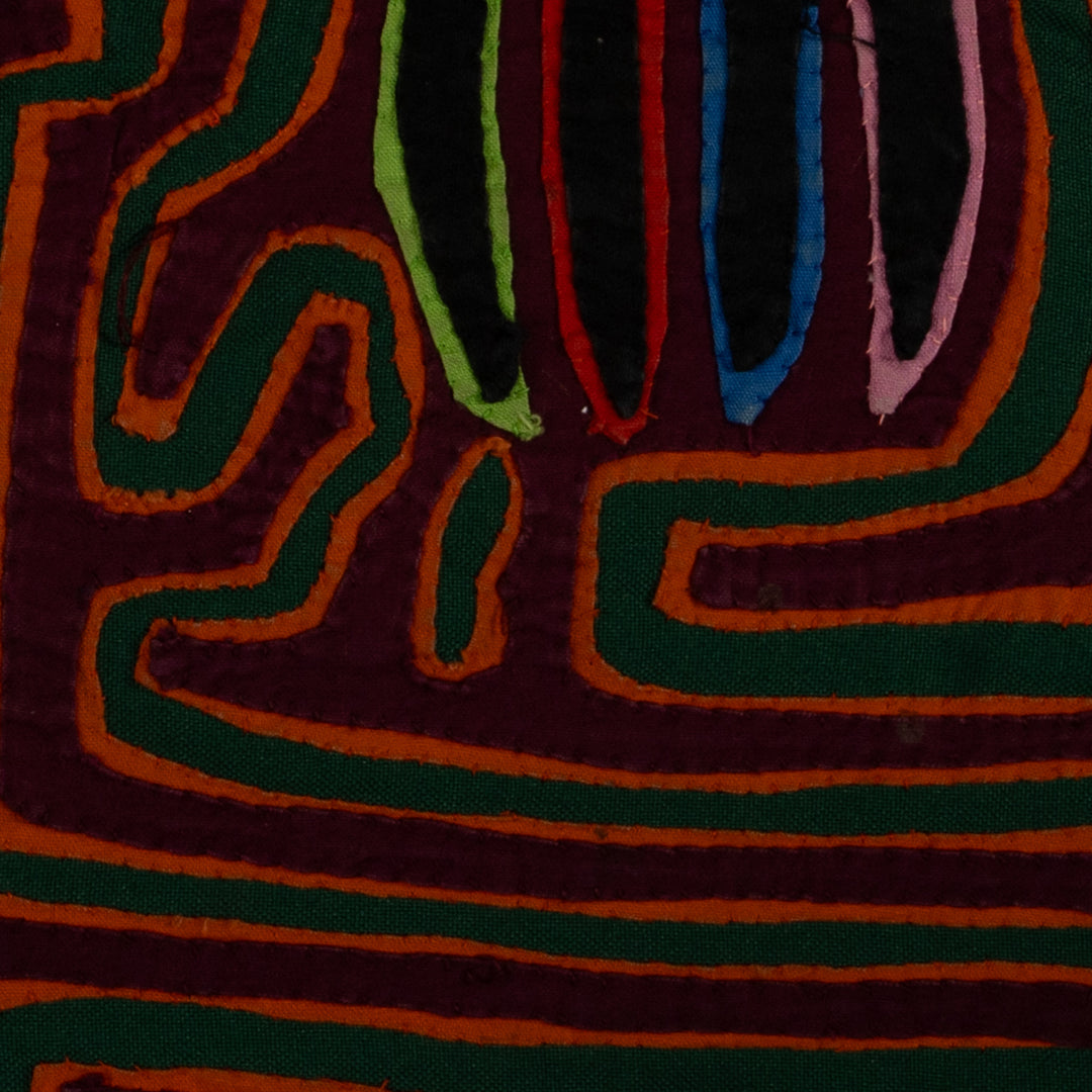Traditional Maroon Orange And Green Puppy Dog Mola
