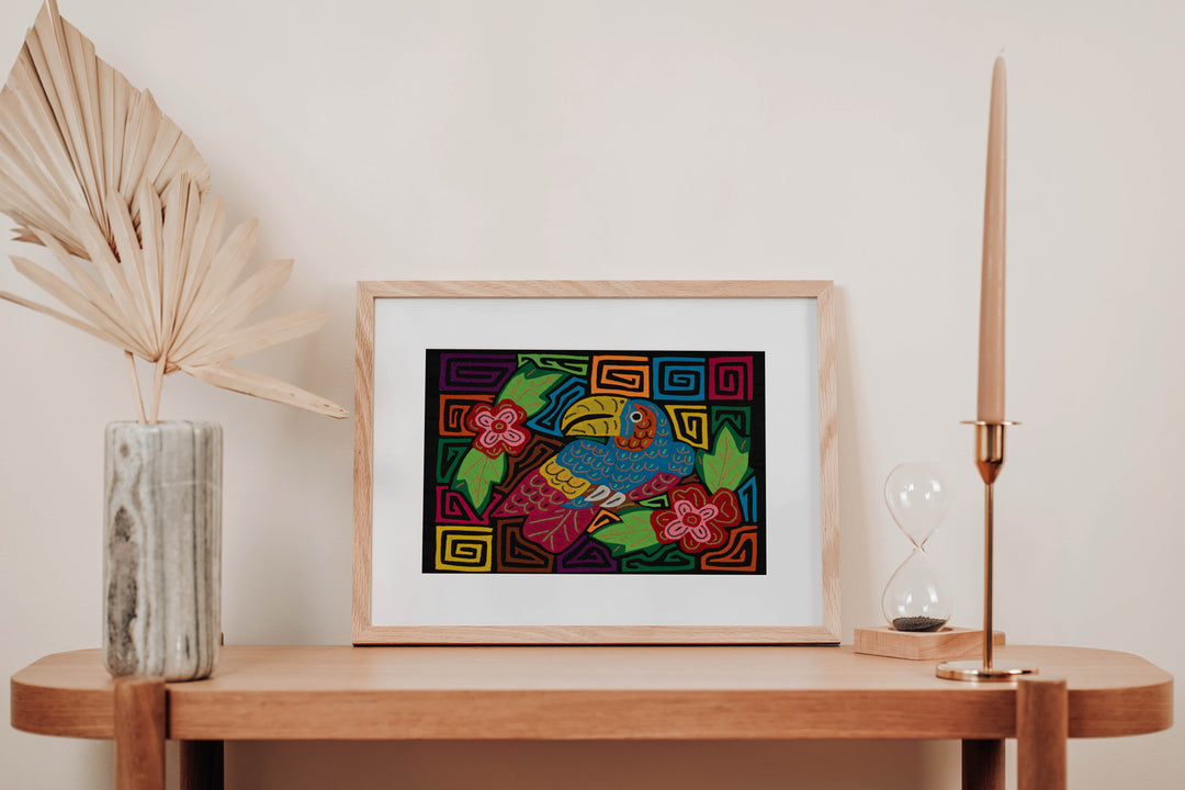Blue Toucan Perched Among Jungle Flowers Mola