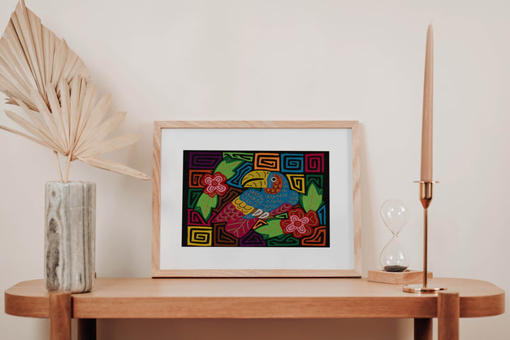 Blue Toucan Perched Among Jungle Flowers Mola