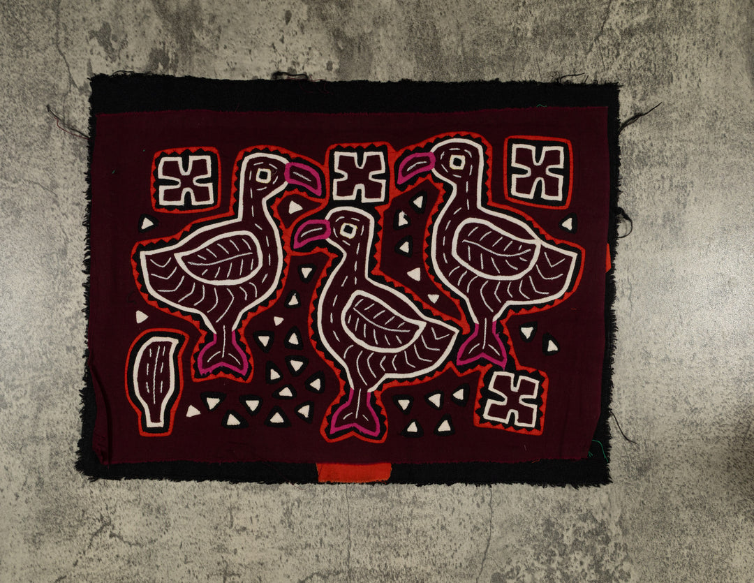 Traditional Three Duck Red White And Maroon Mola