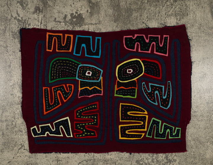 Traditional Burgundy And Dark Blue Toucan Parrot Mola