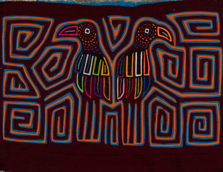 Traditional Burgundy Blue And Orange Bird Mola