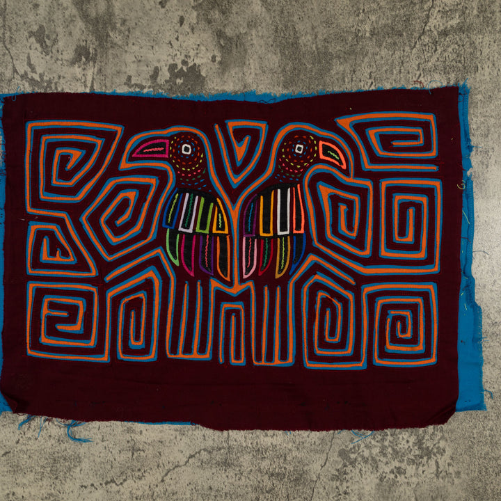 Traditional Burgundy Blue And Orange Bird Mola