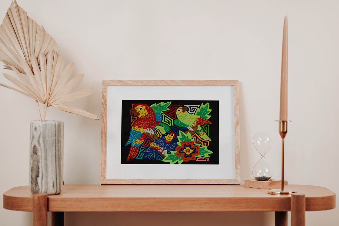 Fantasy Red Blue And Green Three Bird Toucan And Parrot Mola