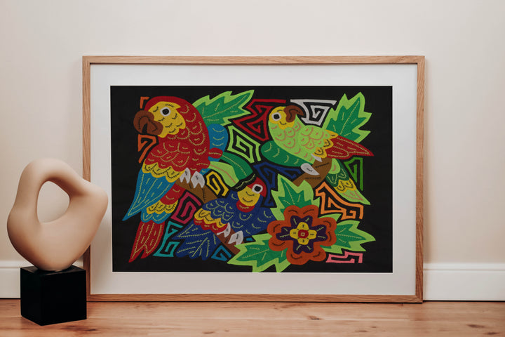 Fantasy Red Blue And Green Three Bird Toucan And Parrot Mola