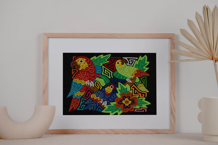 Fantasy Red Blue And Green Three Bird Toucan And Parrot Mola