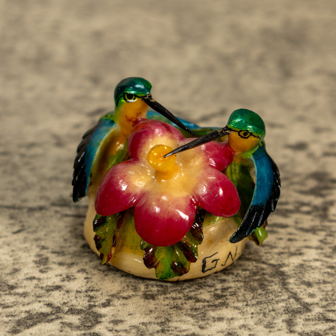 2 Hummingbirds With Flower Tagua Nut Carving