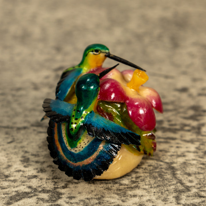 2 Hummingbirds With Flower Tagua Nut Carving