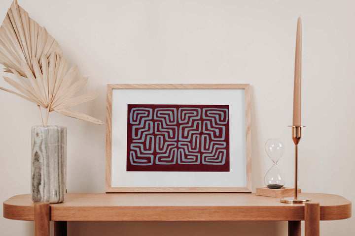 Maroon And Blue Critter In The Maze Machine Stitch Mola