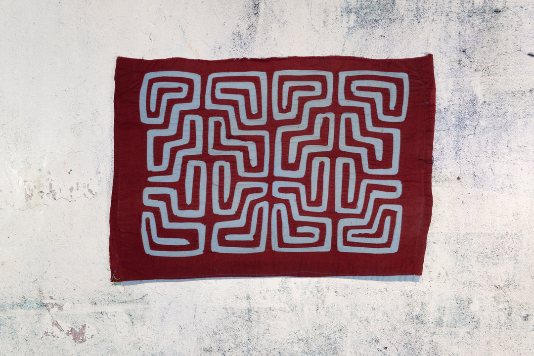 Maroon And Blue Critter In The Maze Machine Stitch Mola