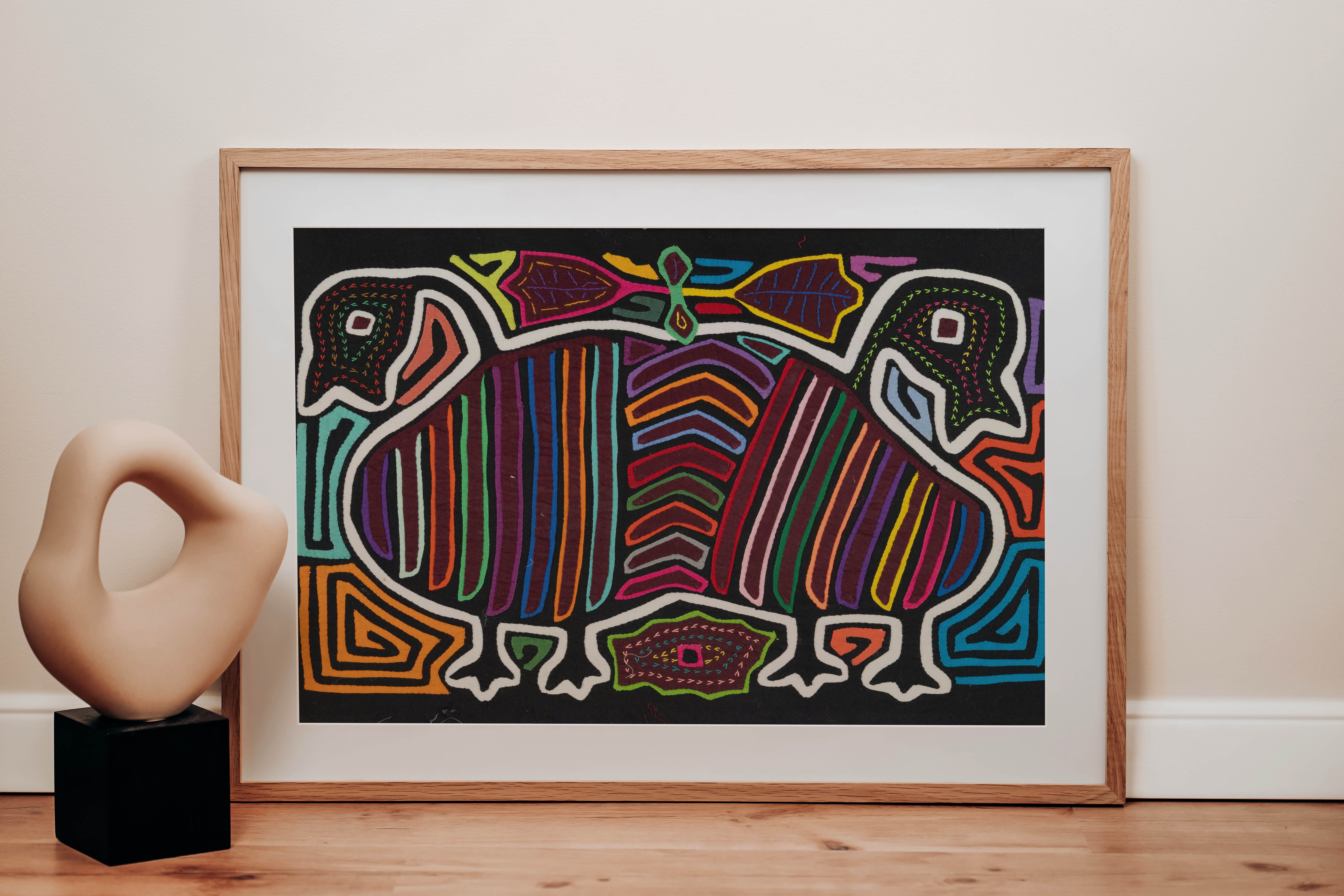 Black And Rainbow Colors Siamese Twin Geese Mola